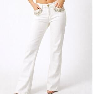 Y2K Embellished White Jeans Rhinestone Studded Low Rise Bootcut Size‎ 6 NWT